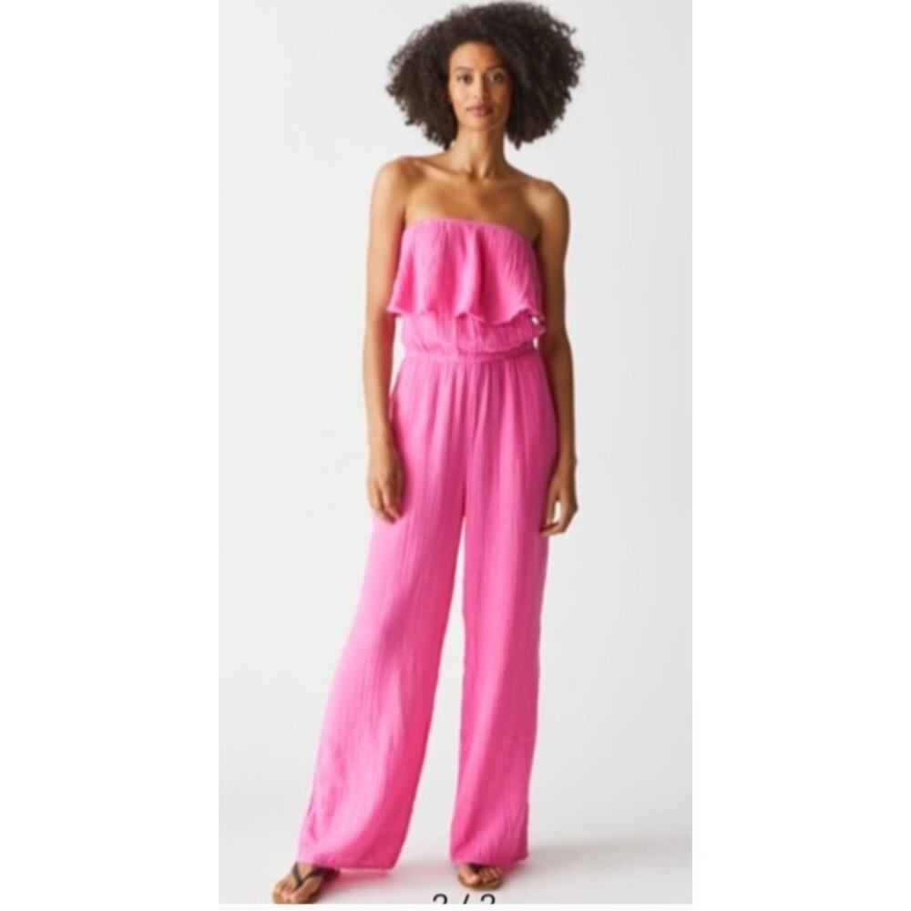 Michael Stars Pink Gauze Strapless Jumpsuit Ruched Beach Coastal Pink Women's L